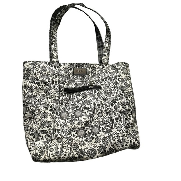 Bella Russo Reversible Tote Bag Women Medium Black White Floral & Polka Dot - Picture 1 of 4